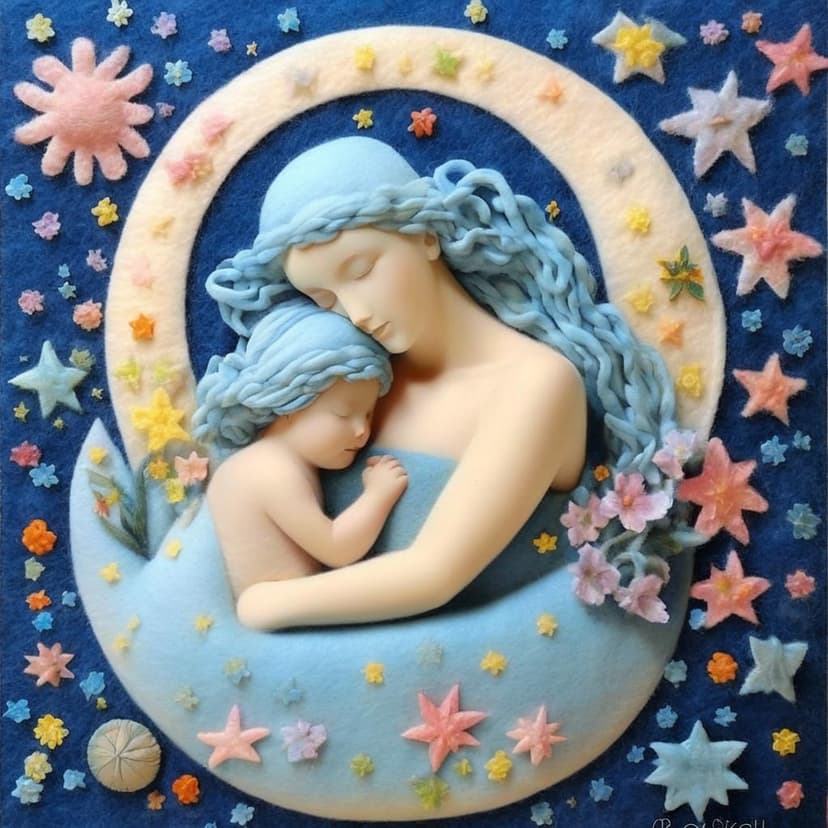 A soft wool felt painting in Morandi’s pastel palette shows a blue-haired angelic mother cradling her child