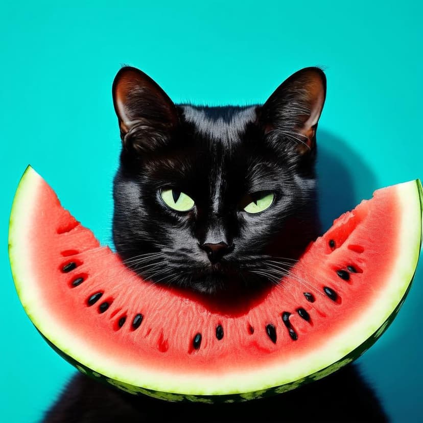 A black cat peeks from behind a watermelon slice on a vibrant turquoise background