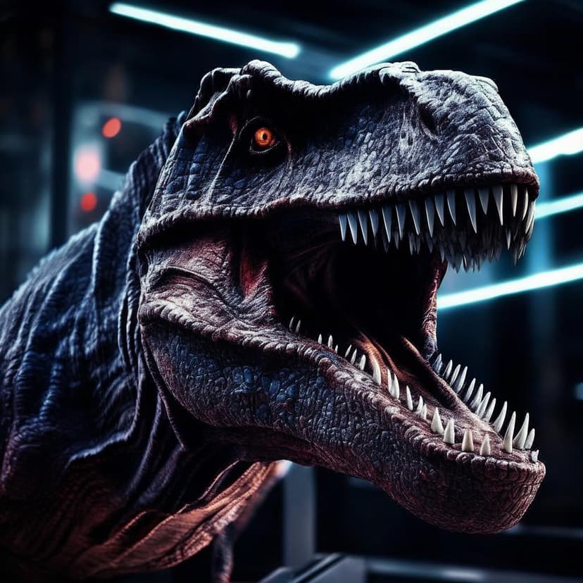A T-Rex alert flashes on the sci-fi HUD