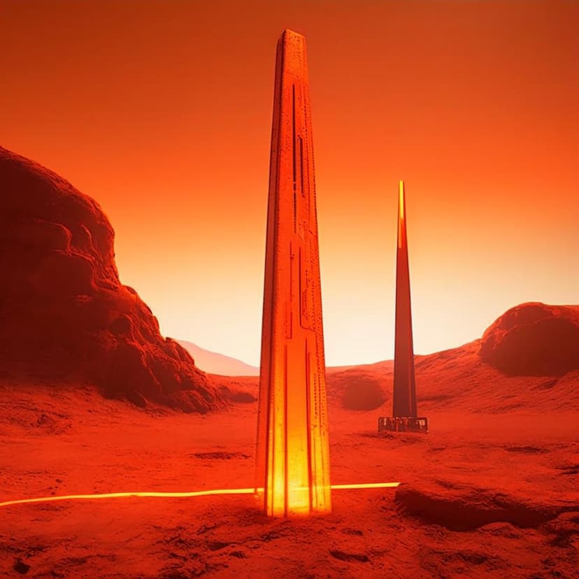 A tall sci-fi brutalist obelisk with orange neon lights stands on Mars’ orange landscape –ar 9:16 –v 7 –stylize 250