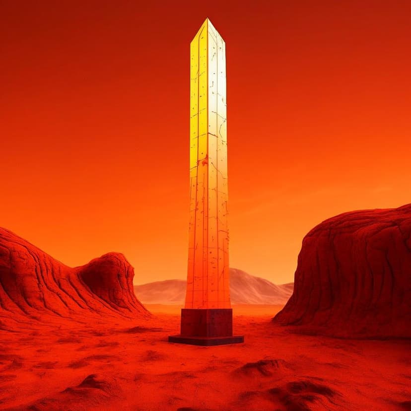 A tall brutalist obelisk with orange neon lights stands on Mars’ orange landscape –ar 9:16 –v 7 –stylize 250