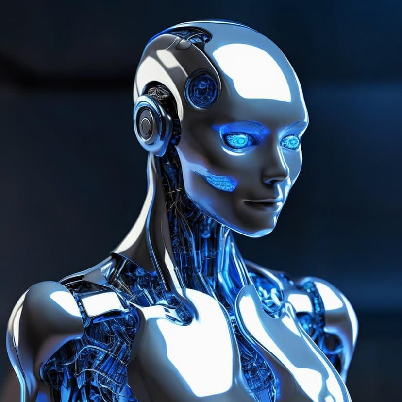 A humanoid AI figure in sleek silver and blue tones