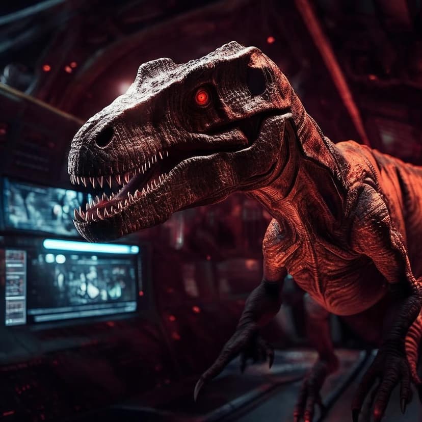 Futuristic HUD flashes red alert: T-REX DETECTED