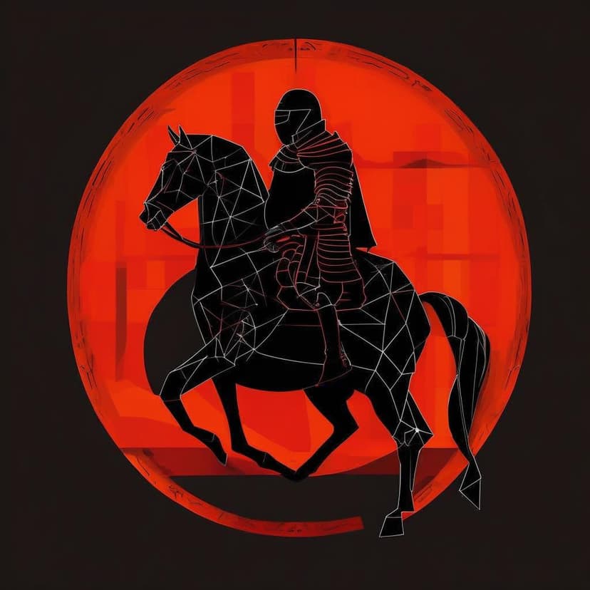 A bold red and black geometric knight on horseback