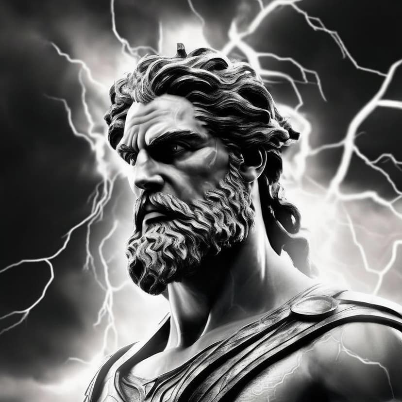 A realistic black and white portrait of Zeus