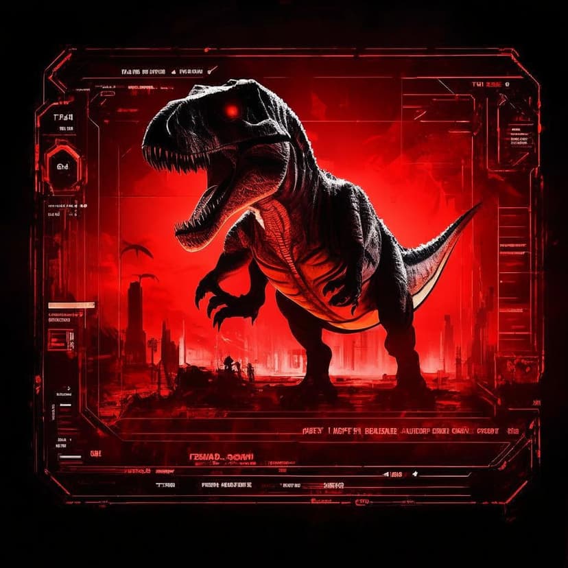 A sci-fi HUD flashes red warnings as a T-Rex silhouette triggers alarm symbols