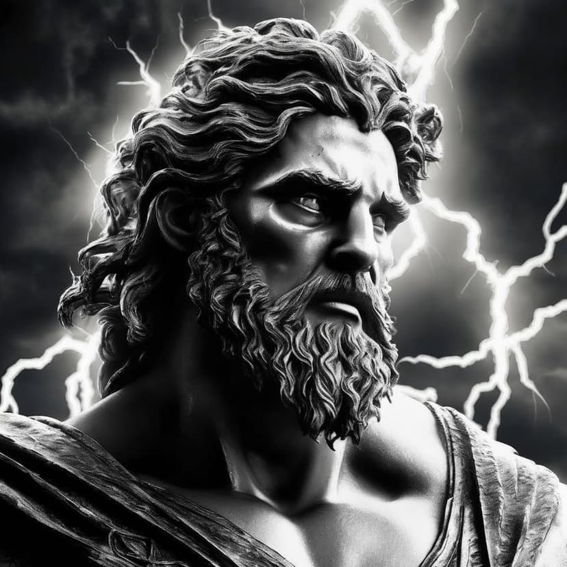 A realistic black and white portrait of Zeus