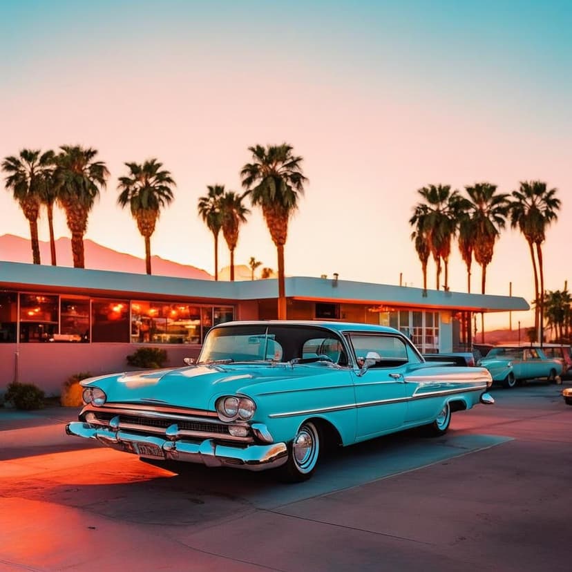 A retro neon-lit hamburger joint with a ’60s light blue car parked outside at sunset