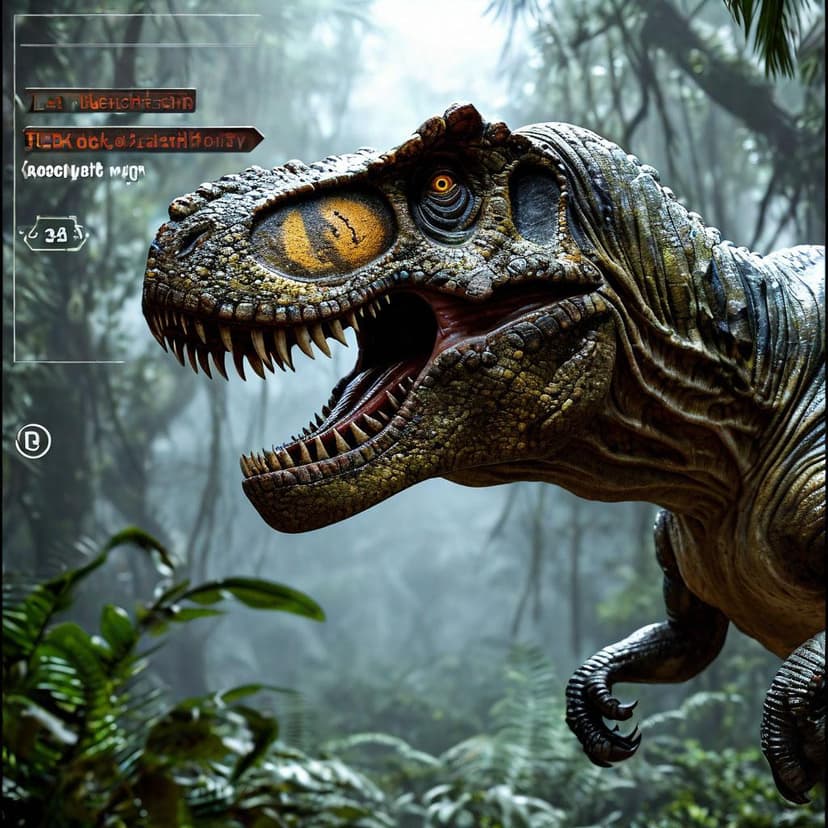 T-Rex sighted! Evacuate now!” — Sci-fi HUD with flashing alerts –ar 3:4 –v 7