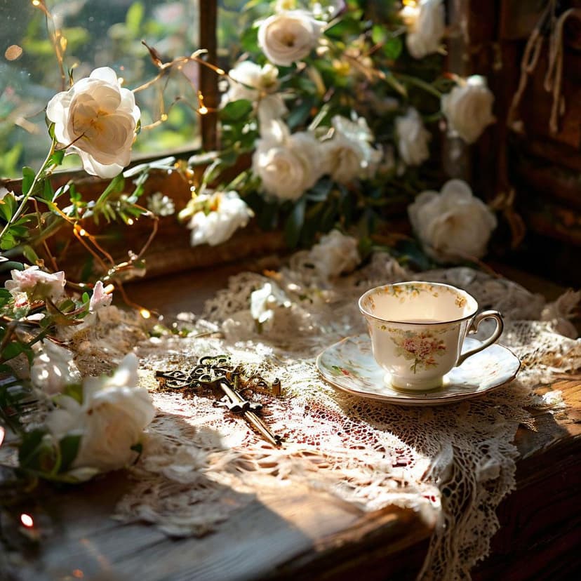 A sun-dappled cottagecore scene: teacup