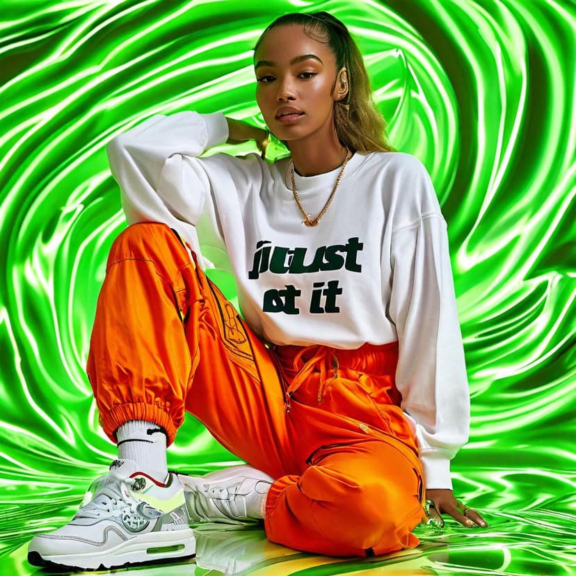 Dynamic Nike Air ad with a confident female model in a white sweatshirt and orange cargos