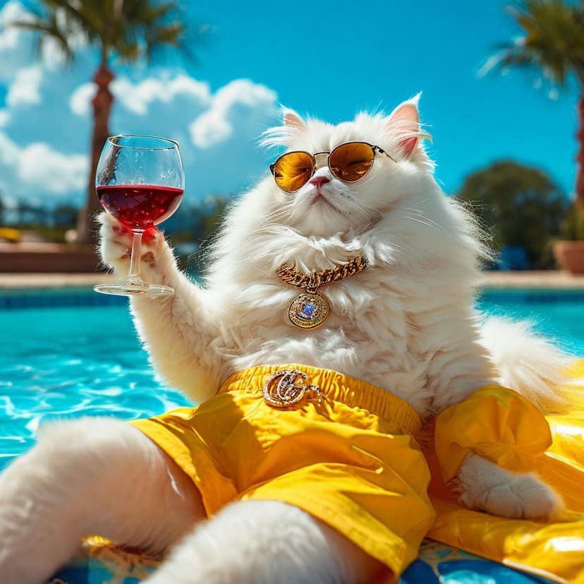 A fluffy white cat relaxes on a pool float