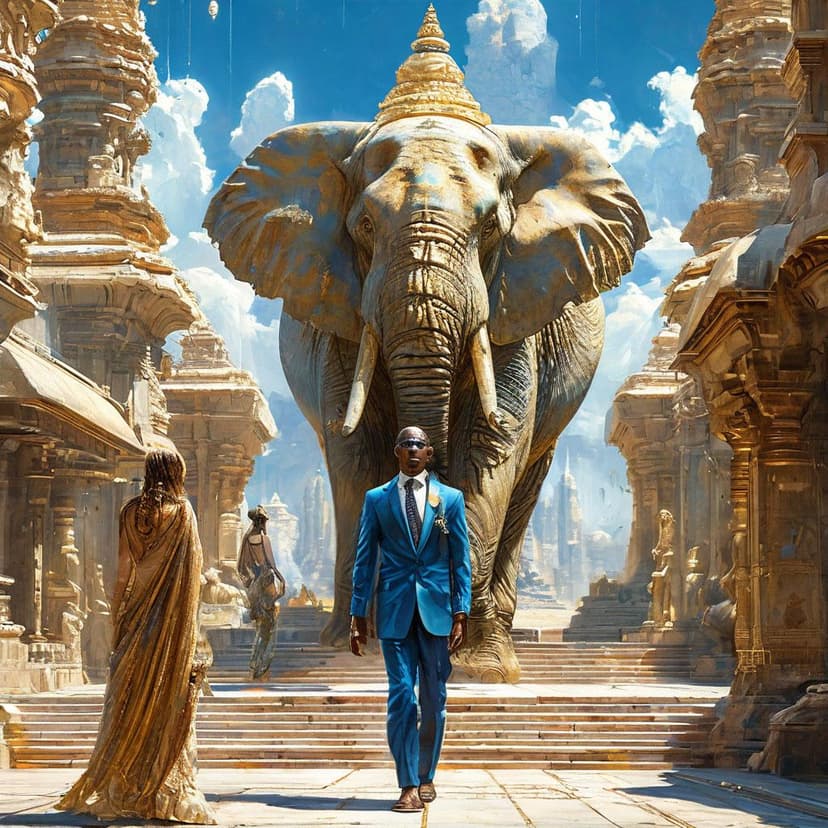 A towering albino elephant humanoid in a celestial-blue suit strides an enchanted runway beside a cosmic empress