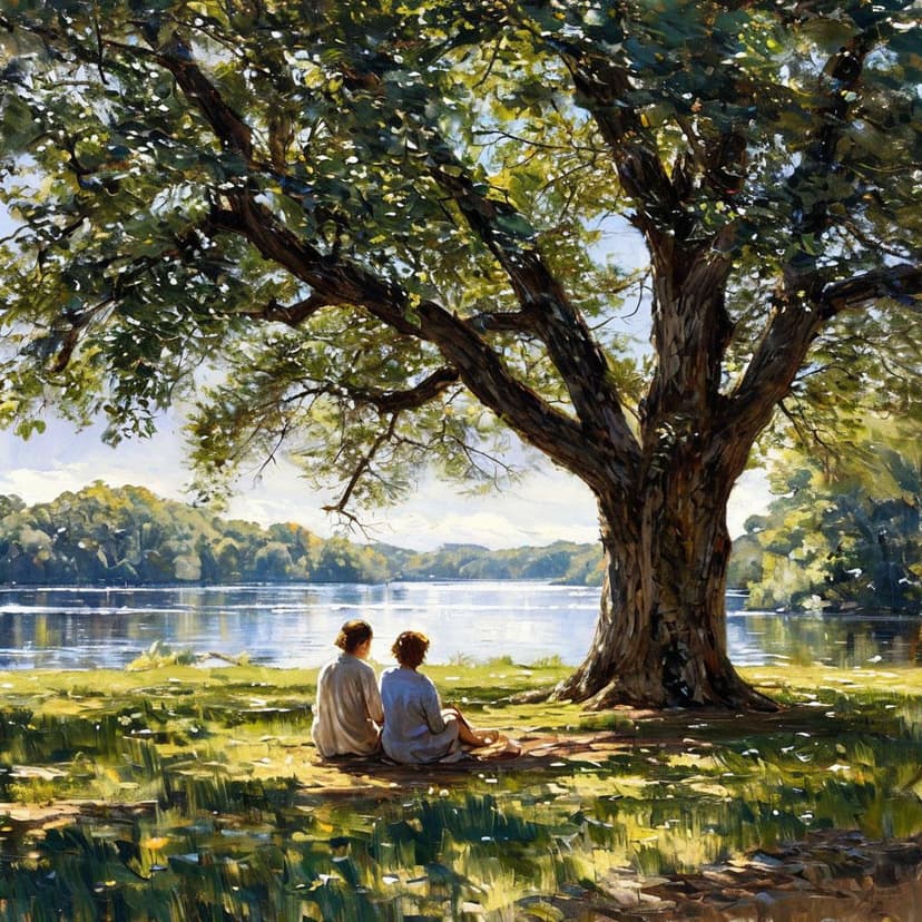A towering tree casts dappled shade upon two figures resting on sunlit grass