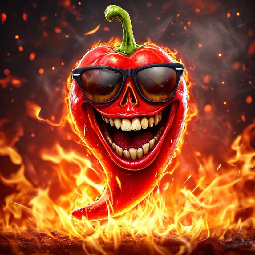 A grinning chili pepper with human teeth and sunglasses