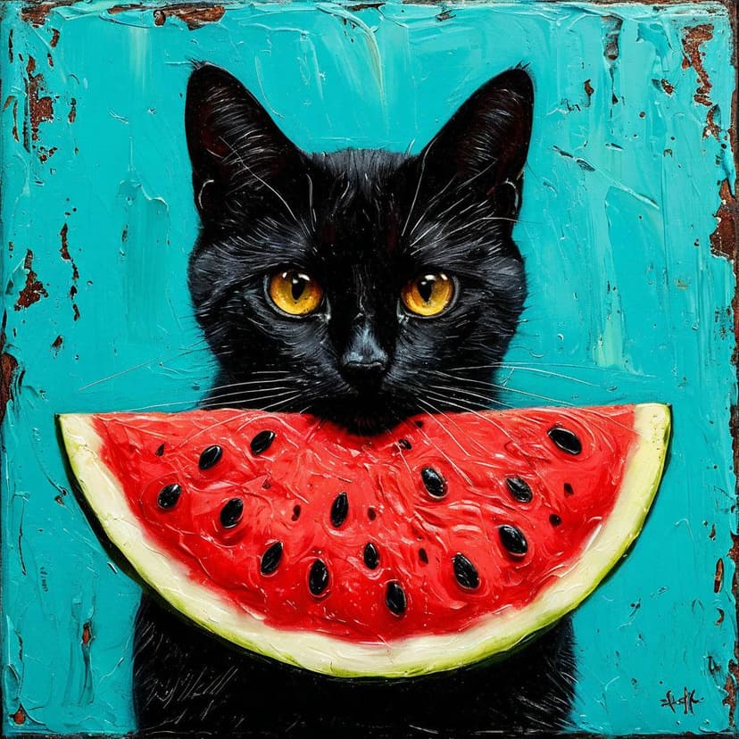 A black cat peers from behind a watermelon slice