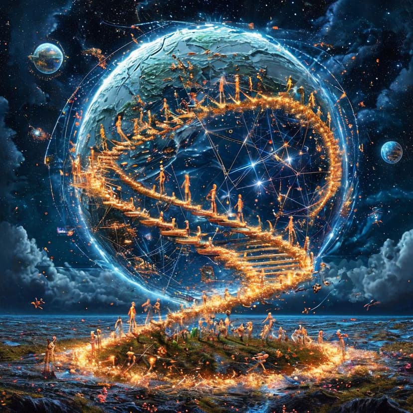 A surreal Earth woven from glowing DNA helixes
