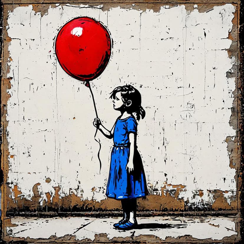Banksy-style engraving: A girl in blue holds a red balloon