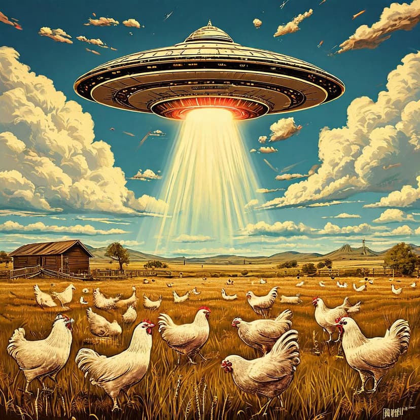 A 1950s-style poster depicts a UFO beaming light onto frantic chickens in a field