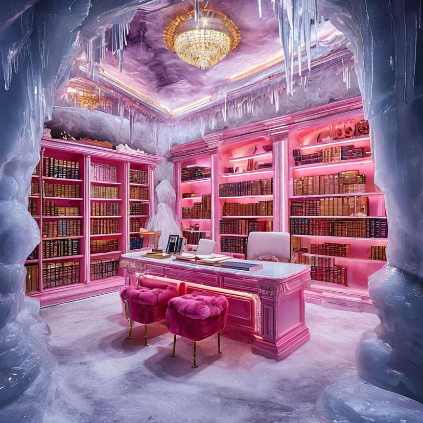 A luxurious pink and white study nestled within an ice cave