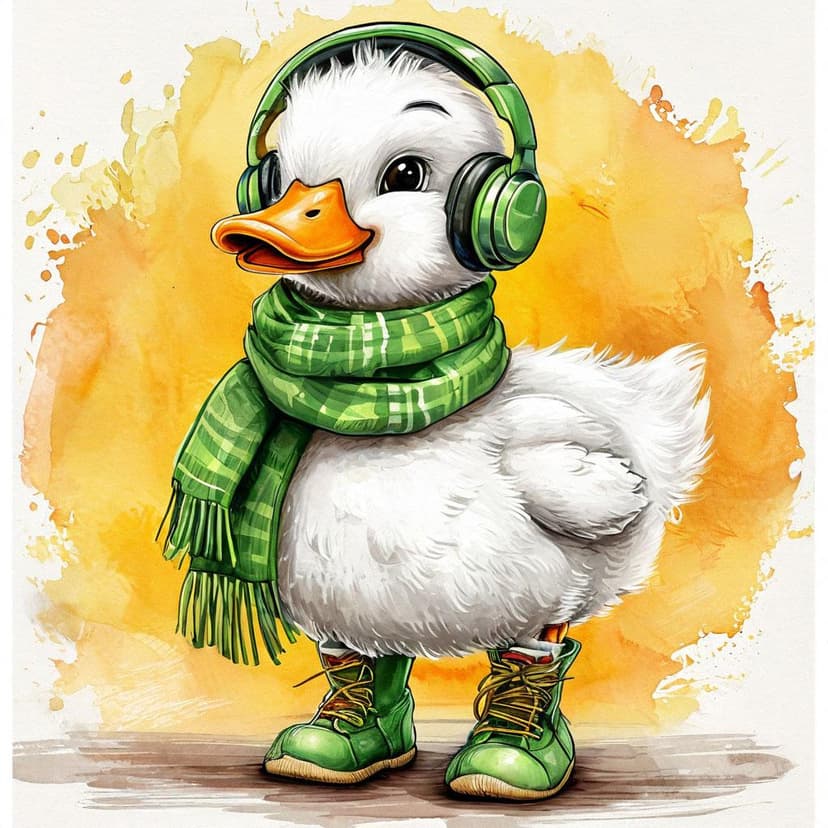 A cheerful white duck in vibrant watercolor sports green headphones