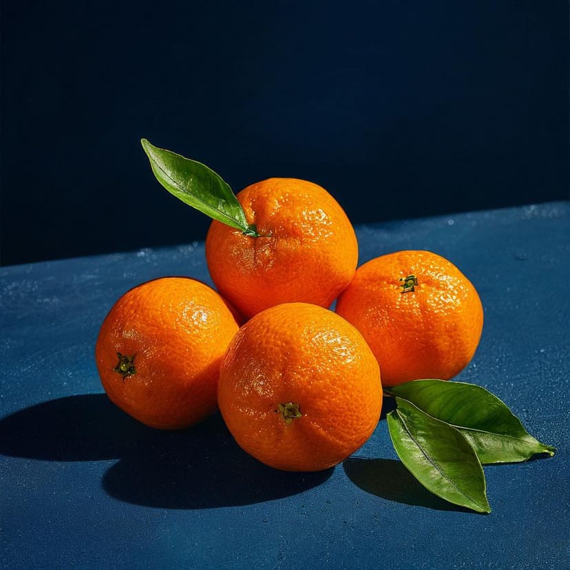 Three sunlit oranges fall