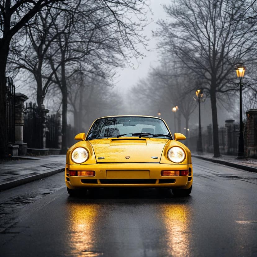 A yellow Porsche 959 glows on a foggy