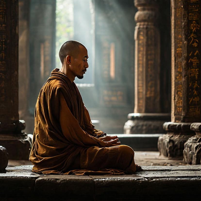 A venerable monk sits in silent meditation