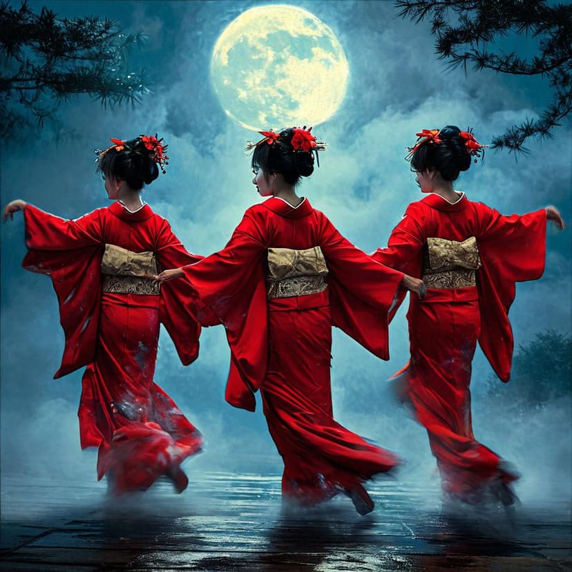 A vintage long-shot shows three geisha dancing in moonlit fog