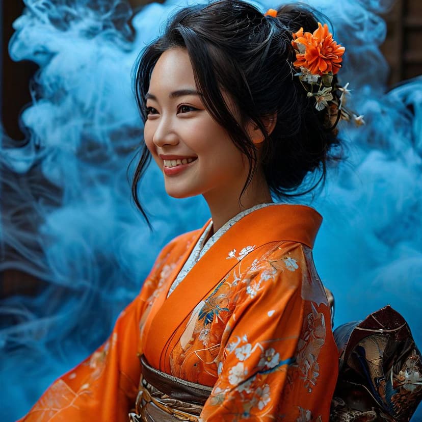 An Asian woman in an orange kimono smiles