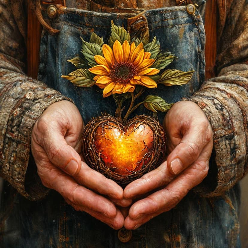 A mother’s weathered hands cradle a blooming heart