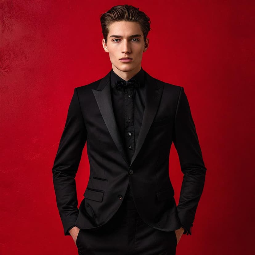 A European model in a sharp black suit poses confidently against a dramatic red backdrop