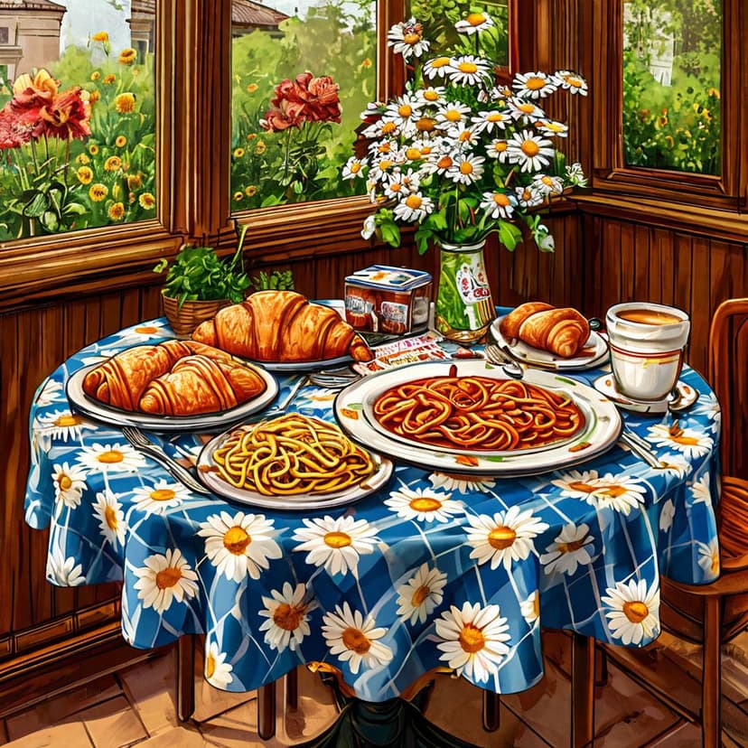 A sketch-style cafe table with a checkered cloth