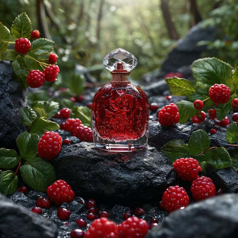 A crimson perfume bottle rests on dark stones