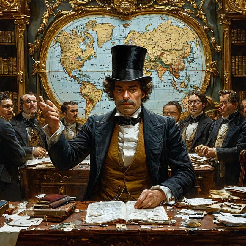 A top-hatted diplomat gestures at a world map in an opulent room