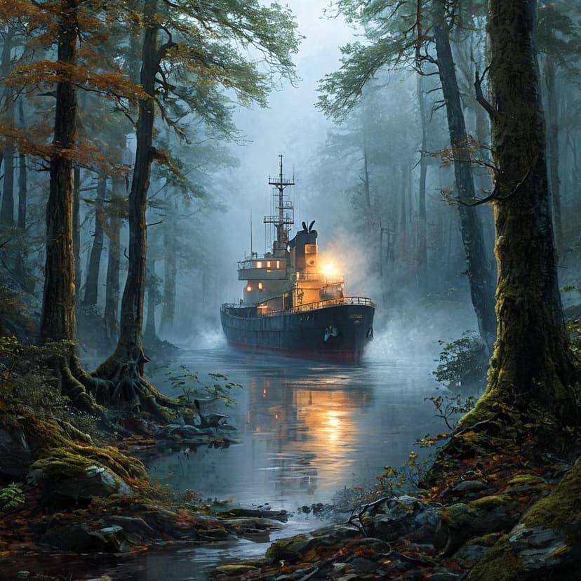The misty forest cradles the silent ship