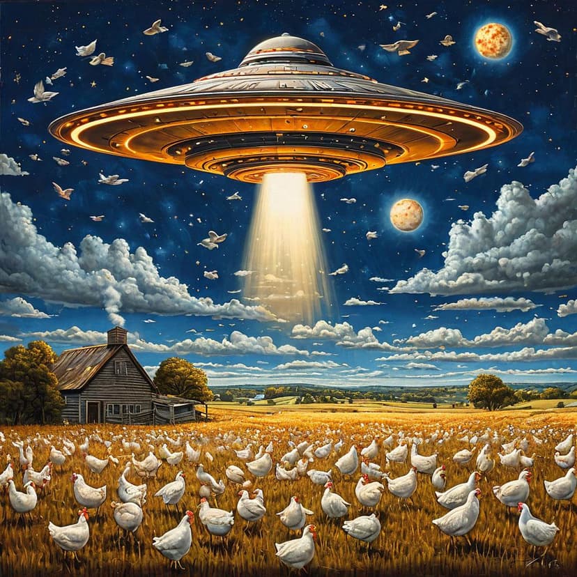 A colossal saucer’s beam scatters panicked chickens across a moonlit farm field