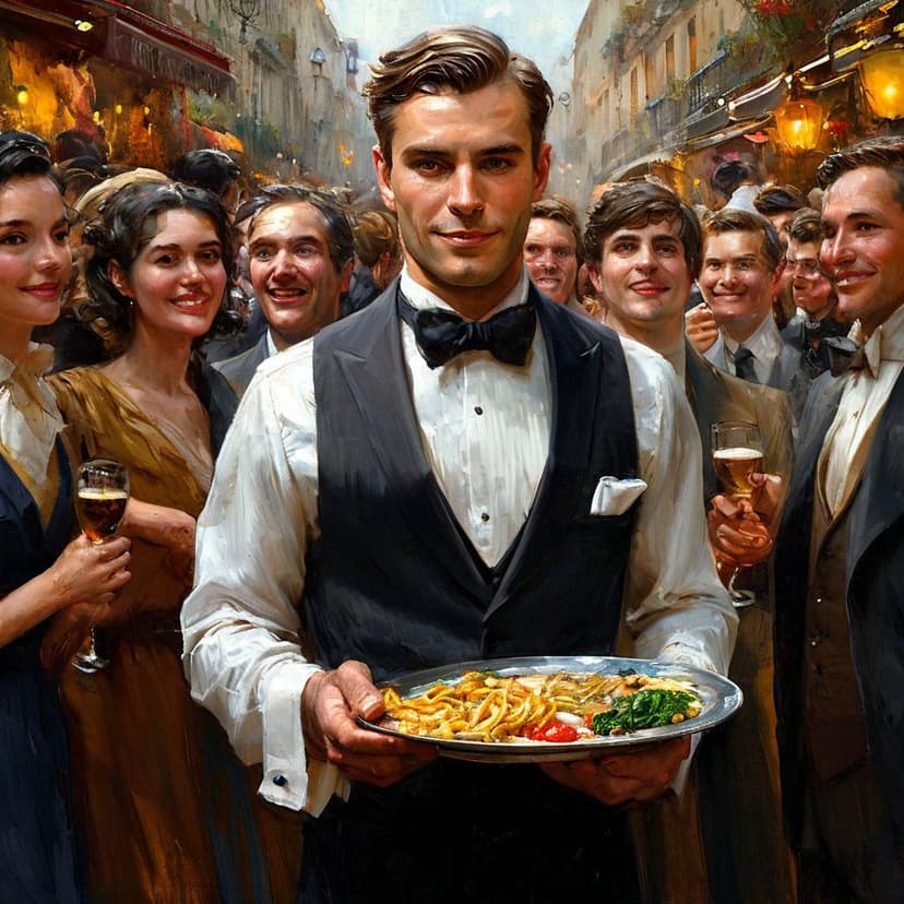 A tuxedoed weasel waiter weaves through the lively crowd