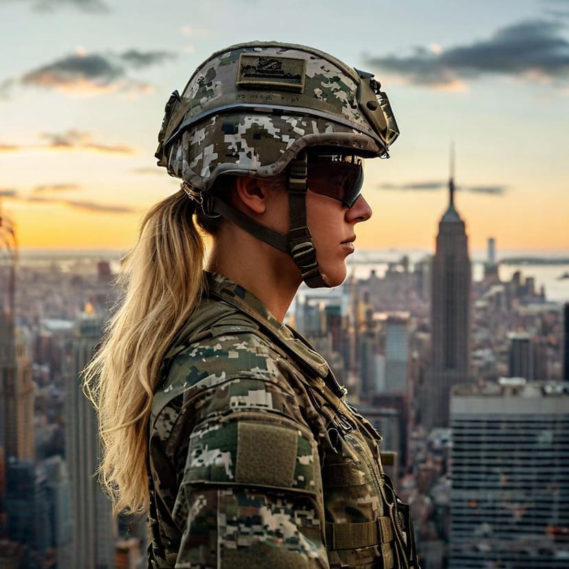 A blonde soldier’s silhouette merges with the New York skyline in a powerful double exposure portrait