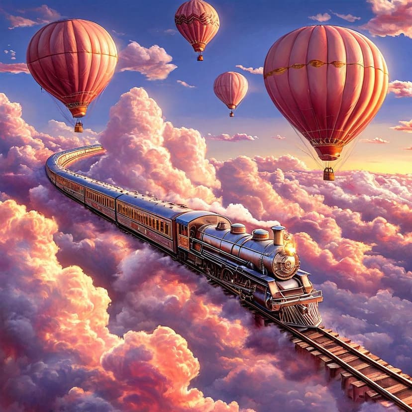 A silver train glides through rose-tinted clouds