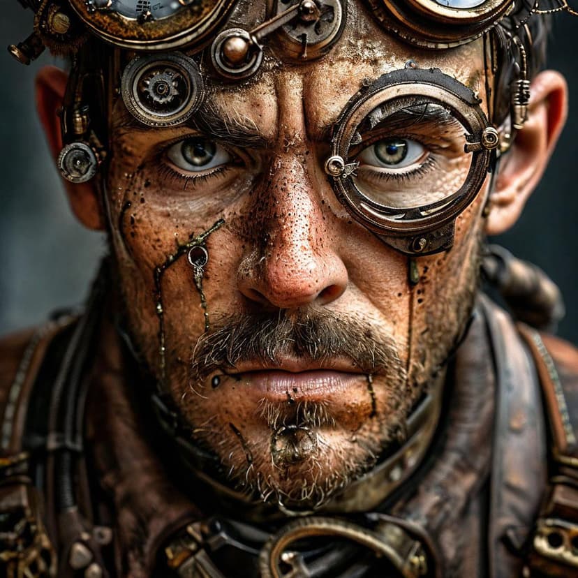 A grease-smudged steampunk mechanic’s face shows varied moods