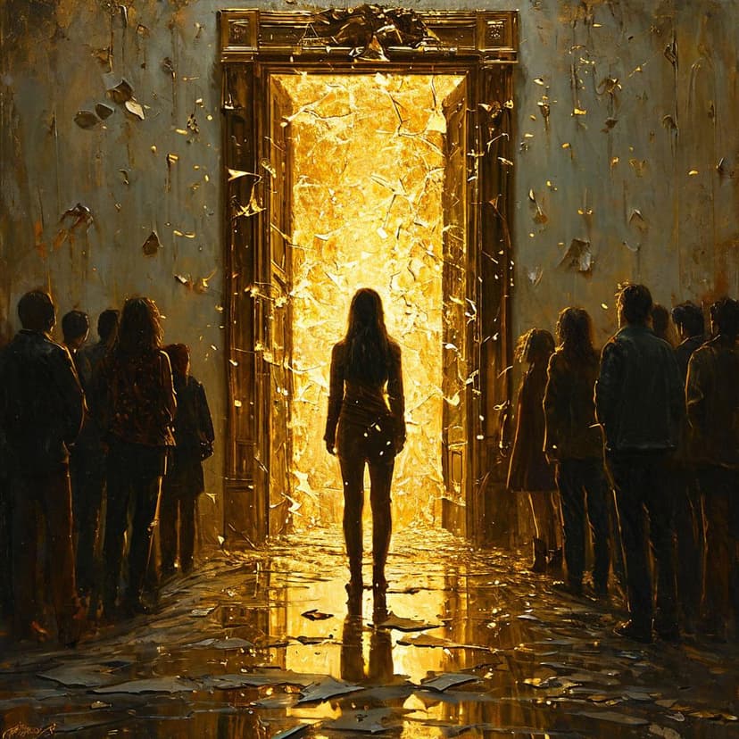 A lone woman stands in a golden shaft of light