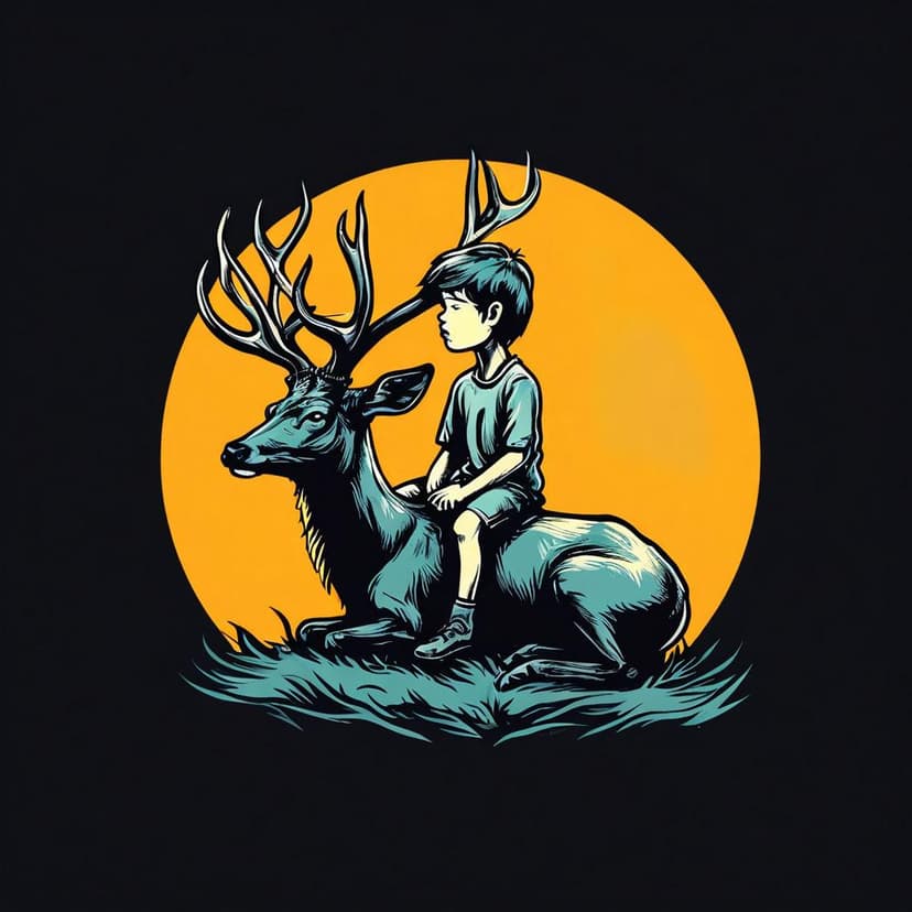 Simple vector logo: boy seated on deer