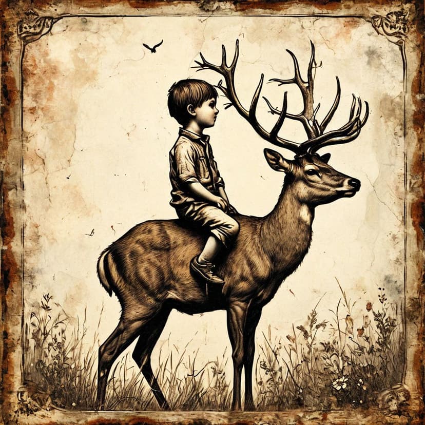 A boy perches on a deer’s back