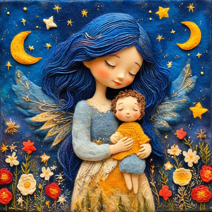 A handcrafted wool felt painting in soft Morandi tones depicts a blue-haired angel cradling her child among dreamy stars