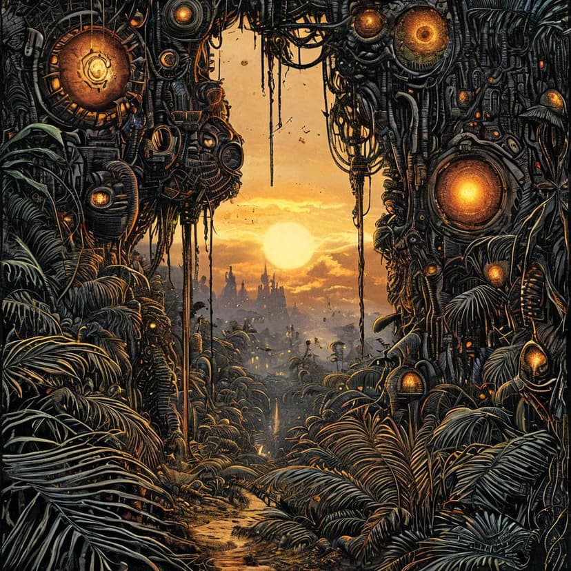 A biomechanical jungle at dusk