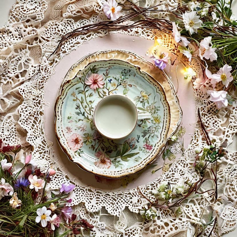 A hand-drawn cottagecore flatlay in soft pastels