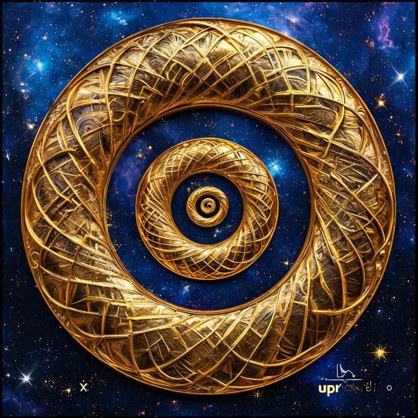 Glowing golden Fibonacci spirals elegantly spell “UPX Studio” against a cosmic backdrop
