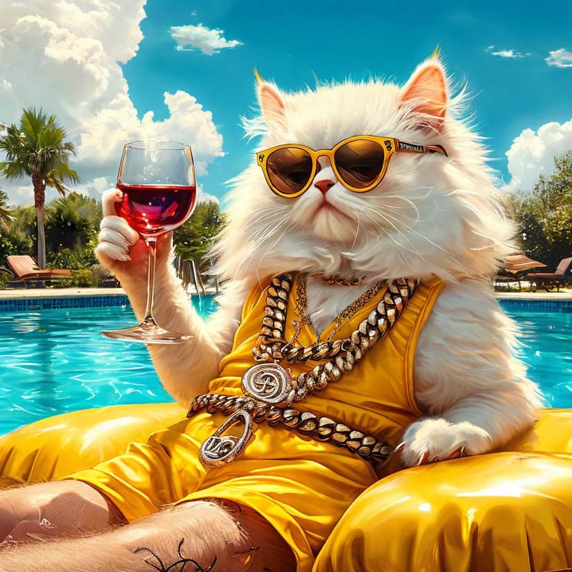 A fluffy white cat in yellow boxers and shades sips wine on a pool float