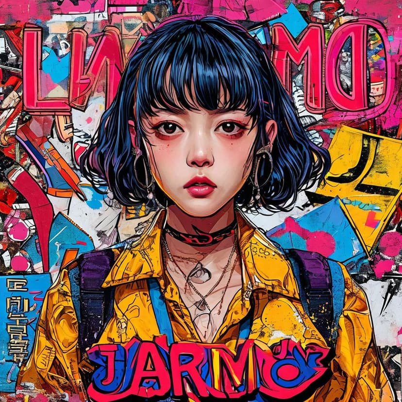 A vibrant Japanese pop-art collage with a cosplay girl